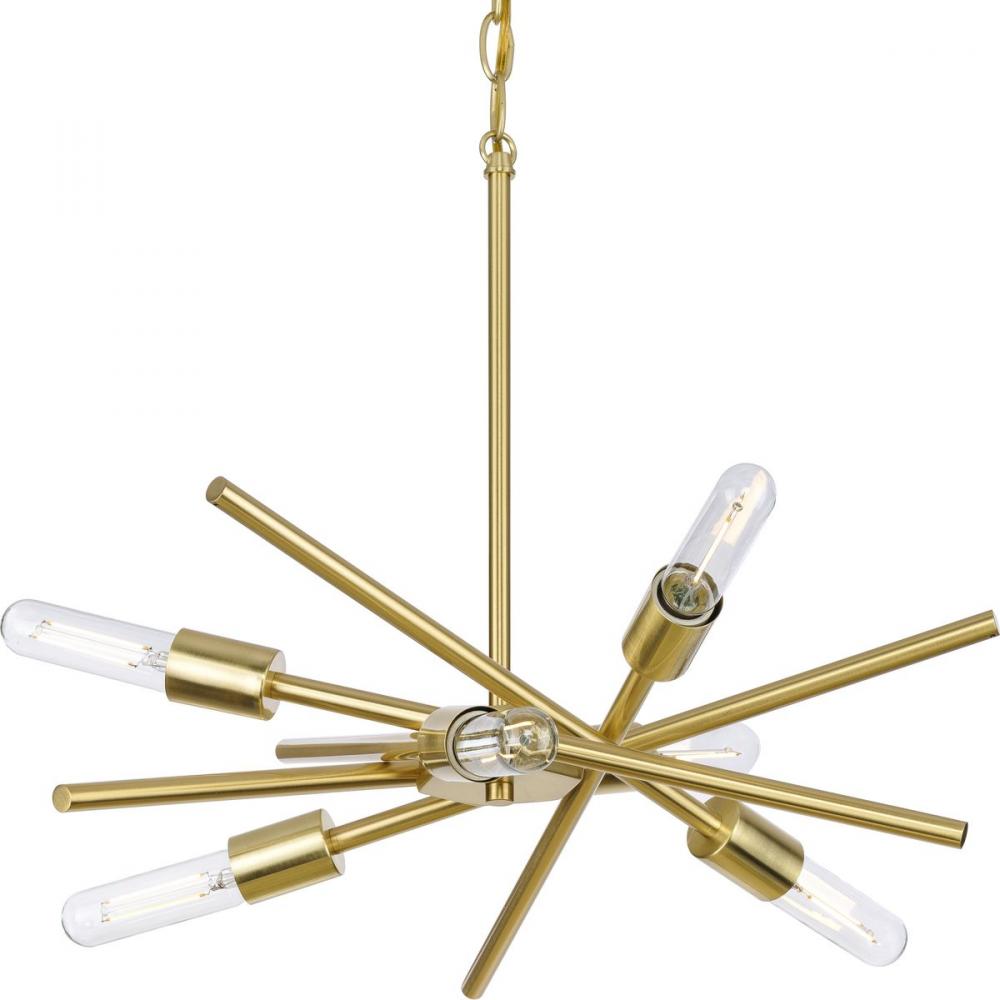 Six-Light Satin Brass Mid-Century Modern Chandelier