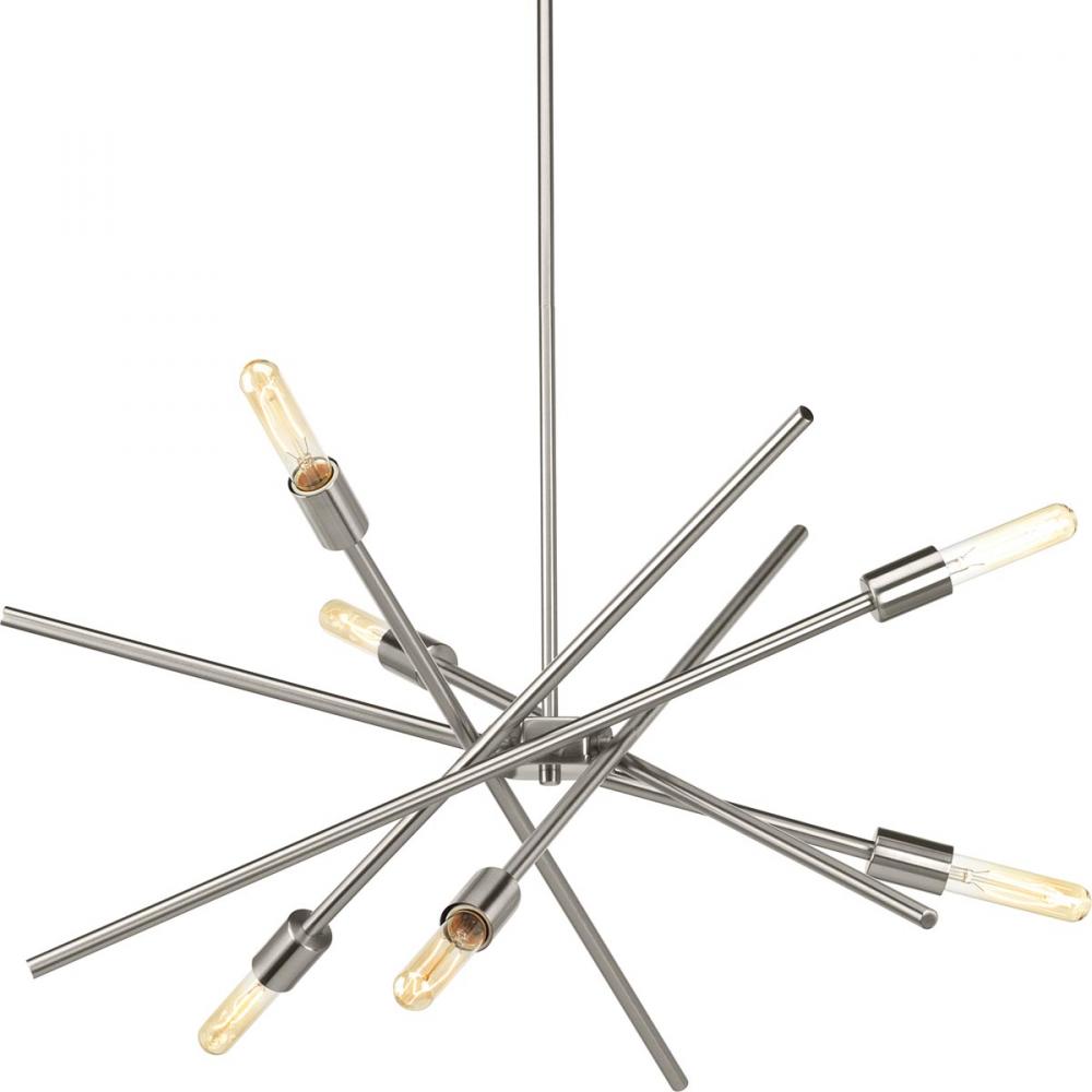 Six-Light Brushed Nickel Mid-Century Modern Chandelier