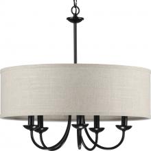 Progress P400193-031 - Drum Shade Collection Five-Light Matte Black Harvest Linen Shade Farmhouse Chandelier Light