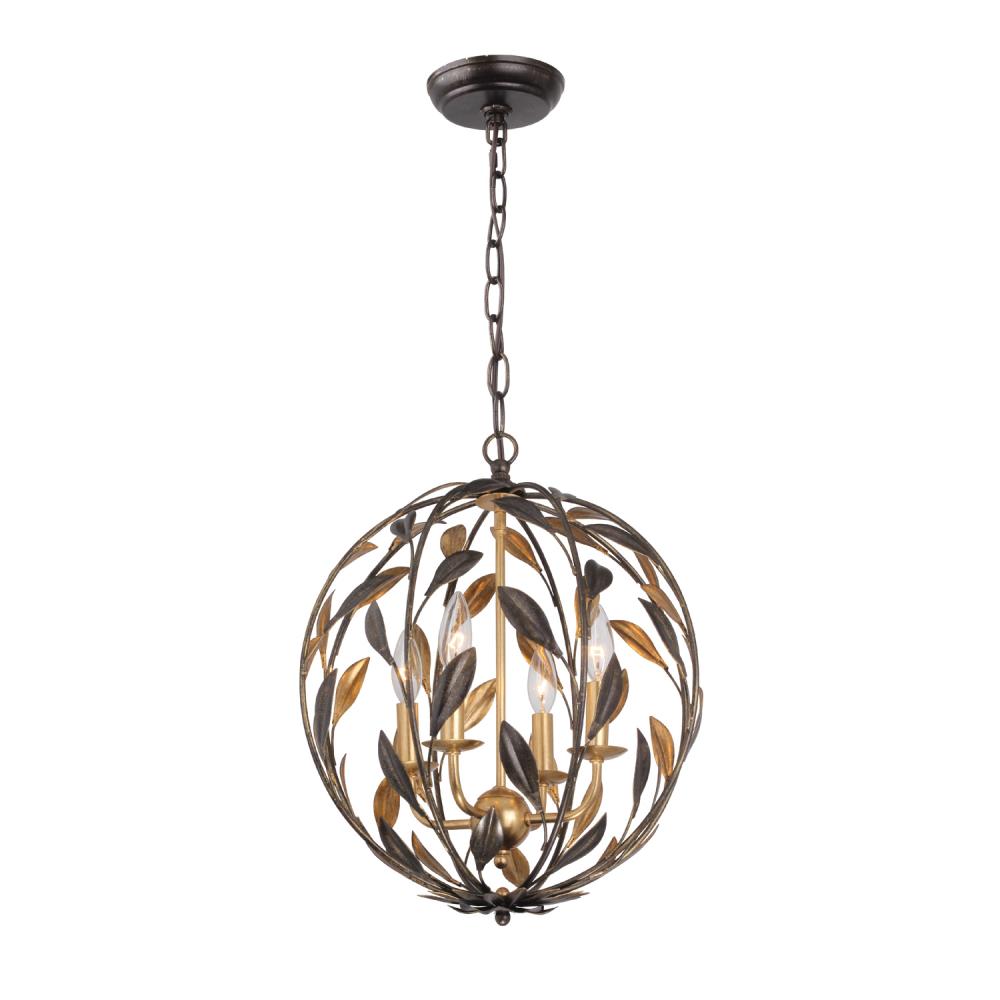 4 Light English Bronze + Antique Gold Sphere Mini Chandelier