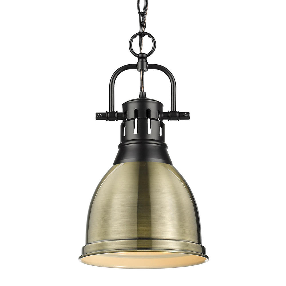 Duncan Small Pendant with Chain in Matte Black with Aged Brass