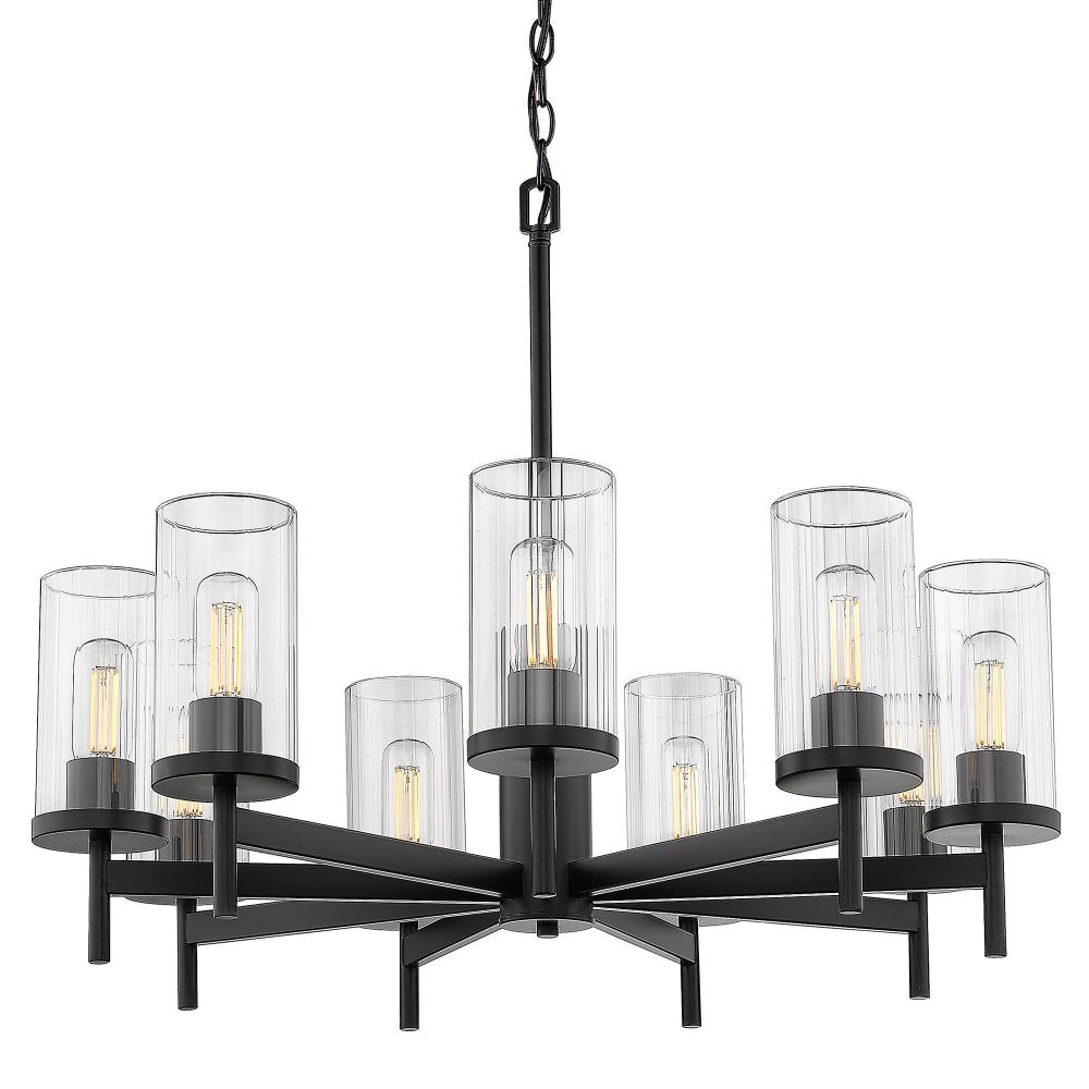 Winslett 9 Light Chandelier in Matte Black with Ribbed Clear Glass Shades